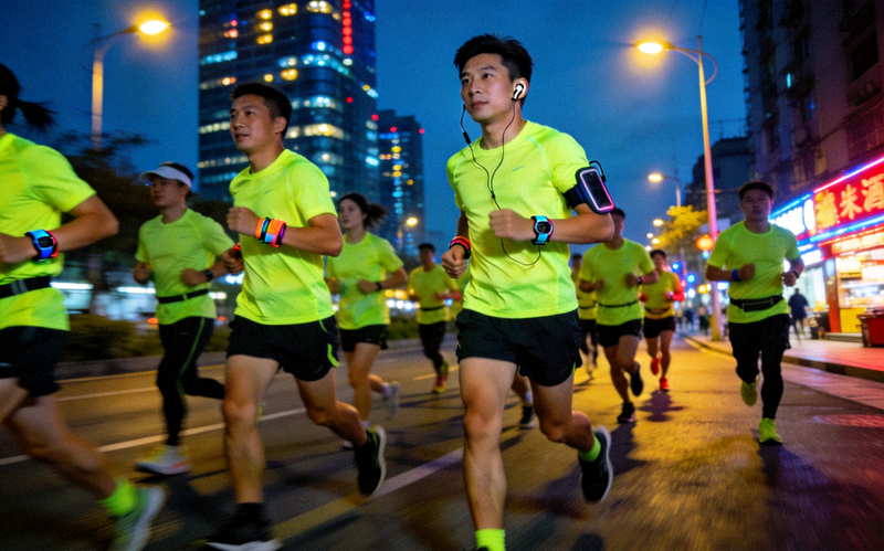 城市夜跑团队在夜晚街道集体跑步锻炼场景
